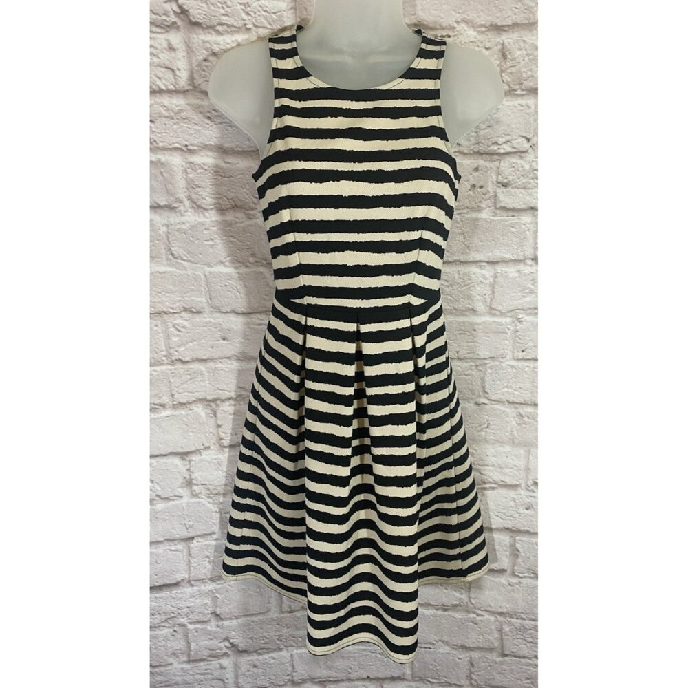 THML Dress Faux Leather Trim Zipper Fit n Flare Racerback Black Cream Skater XS